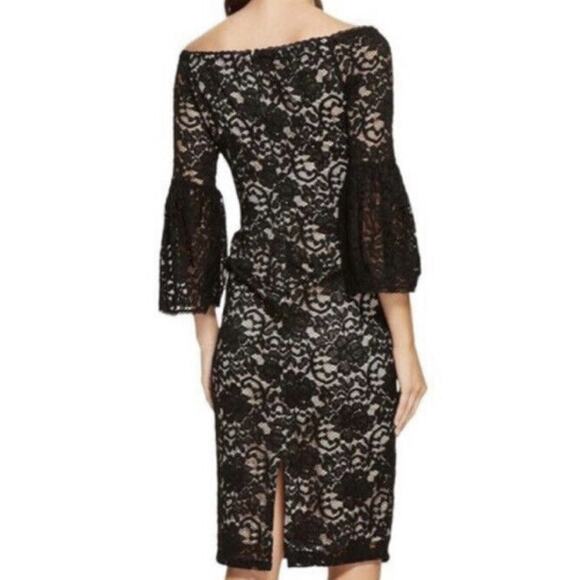 Adrianna Papell Black Lace Dress Bell Sleeve Feminine Holiday Party Evening - Picture 2 of 9